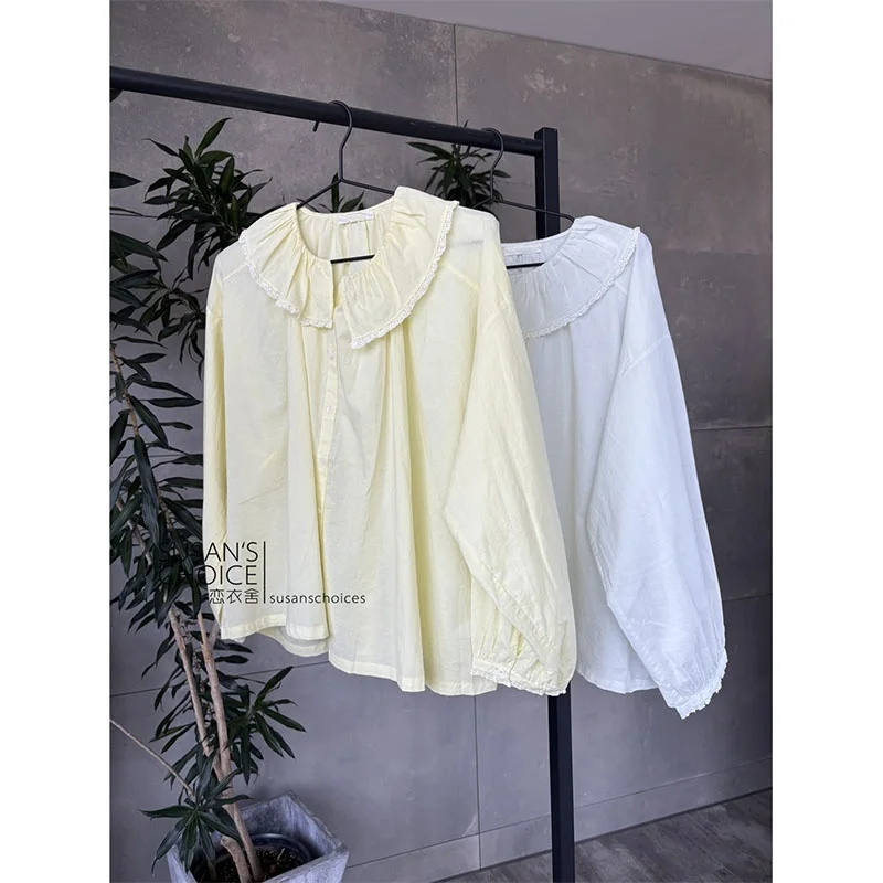 Susan French Sle Loose Fit Long Sve Cotton Lace Trim irt Top casual versatile in cotone sottile per giovani donne