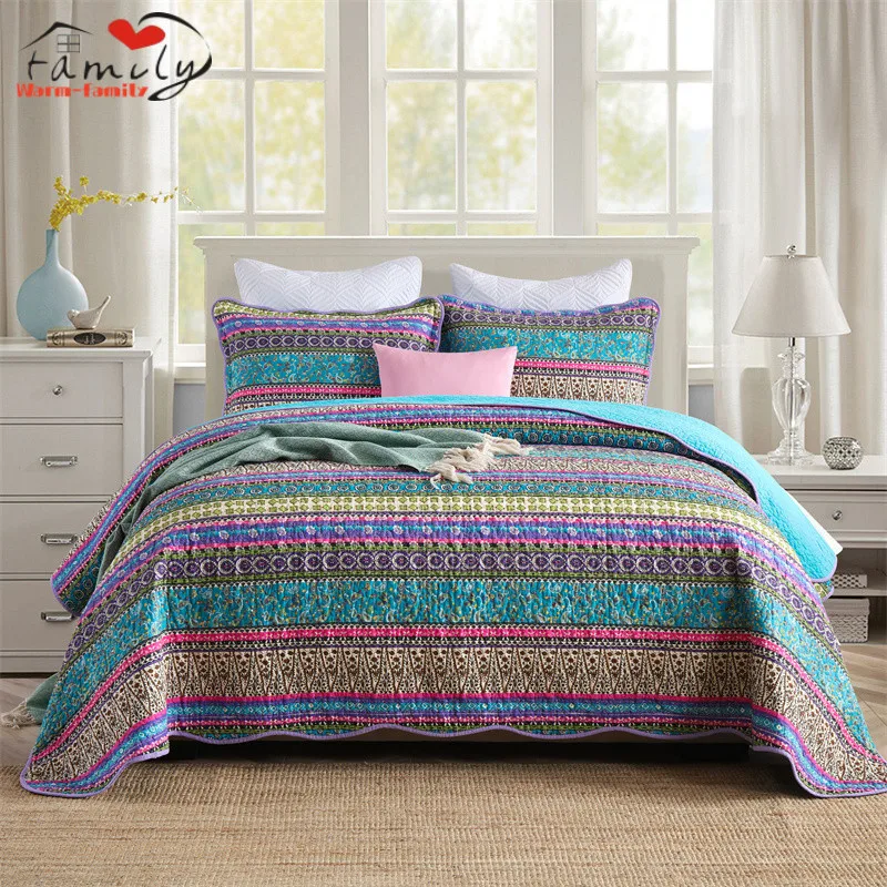 

1Pc Boho Colorful Full Queen Quilt Cover for Summer Bohemian Floral Striped Lightweight Bedspread Brushed Microfiber All Season