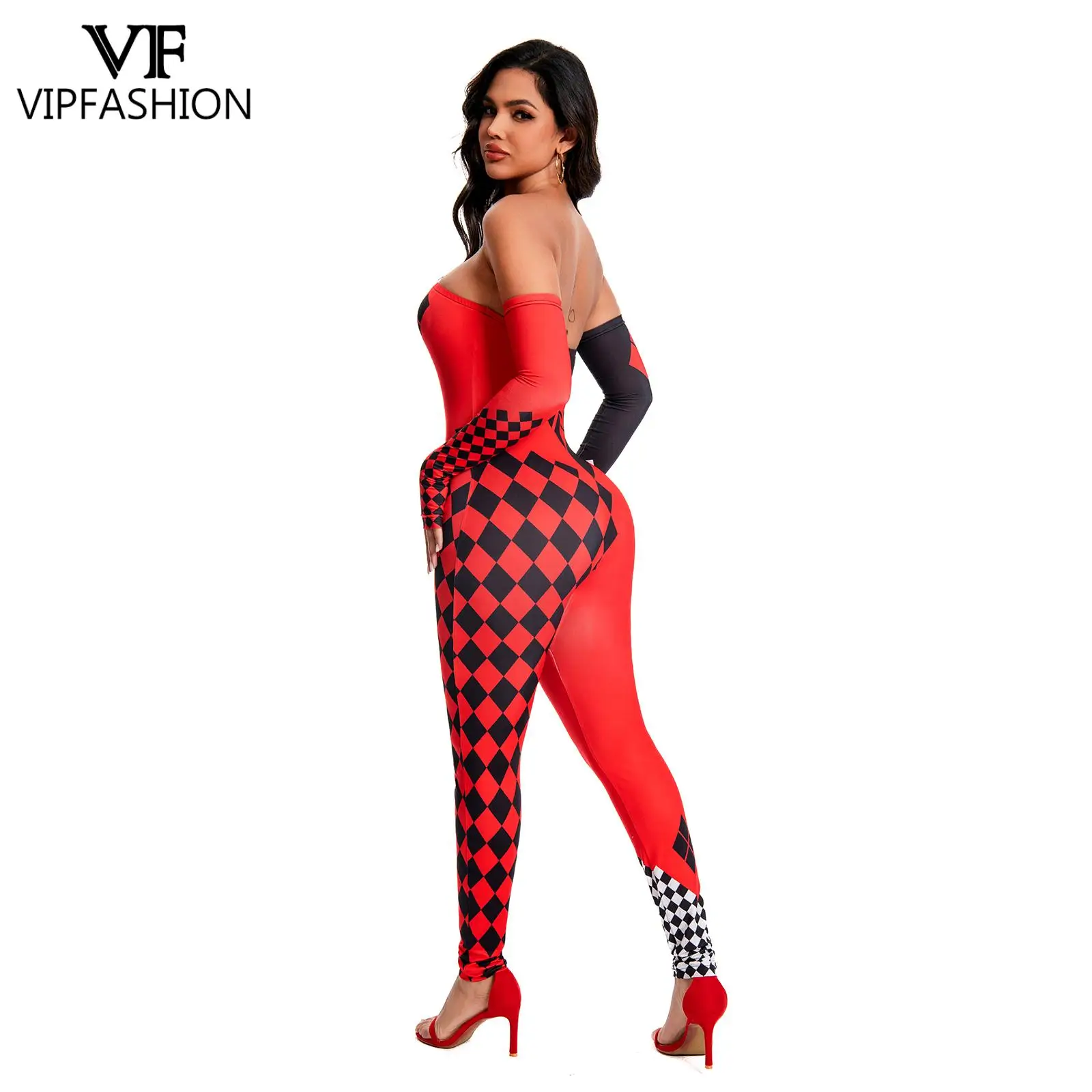 VIP FASHION Harley Q mouwloze jumpsuit met handschoenen 3D-print dames sexy romper backless skinny pak dame festival feestkleding