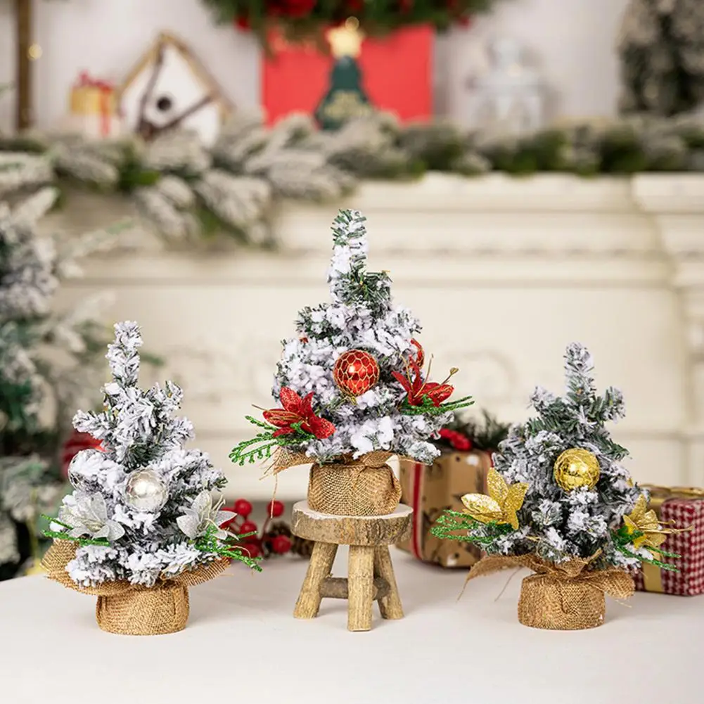 Christmas Tree Ornaments Mini Artificial Snow Flocked Xmas Tree with Ball Flower Home Office Classroom Desktop Decor