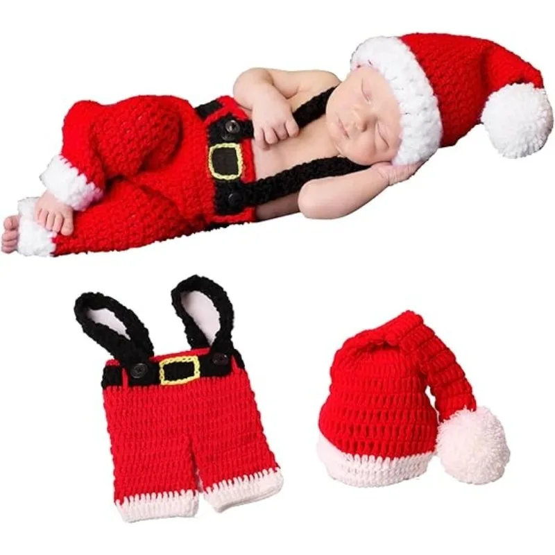 2Pcs Baby Photography Props Christmas Cap Newborn Crochet Santa Claus Outfits Baby First Christmas Photo Props ropa bebe niña
