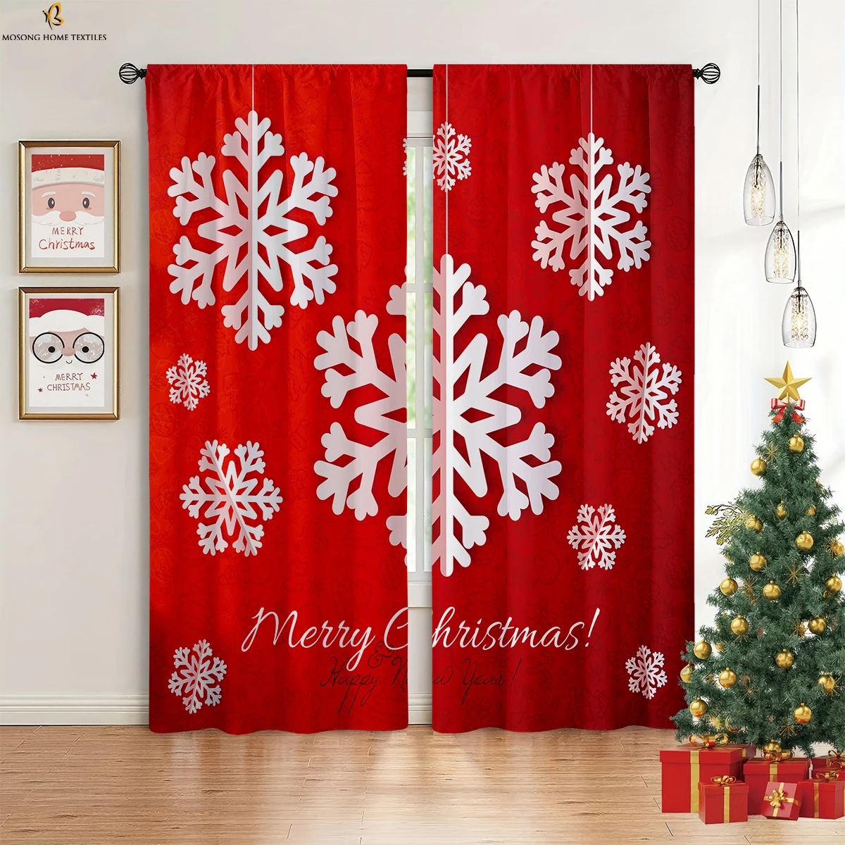 Christmas Tree Snowflake Cartoon Print Curtains Retro Classic Decorative Curtains Bedroom Restaurant Party Decorative Curtains