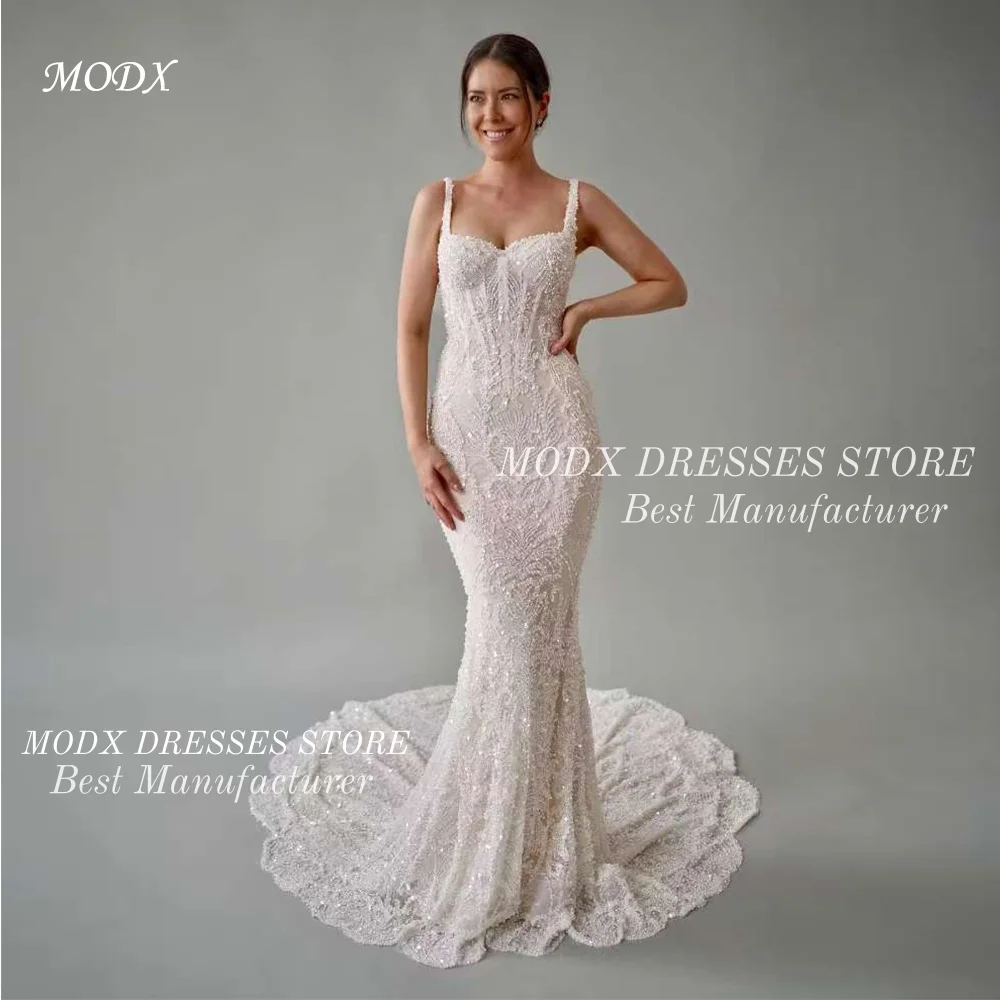 MODX Abito da sposa a sirena con spalline in pizzo di lusso Abito da sposa Lunghezza pavimento Abiti personalizzati Novias Boda Donna