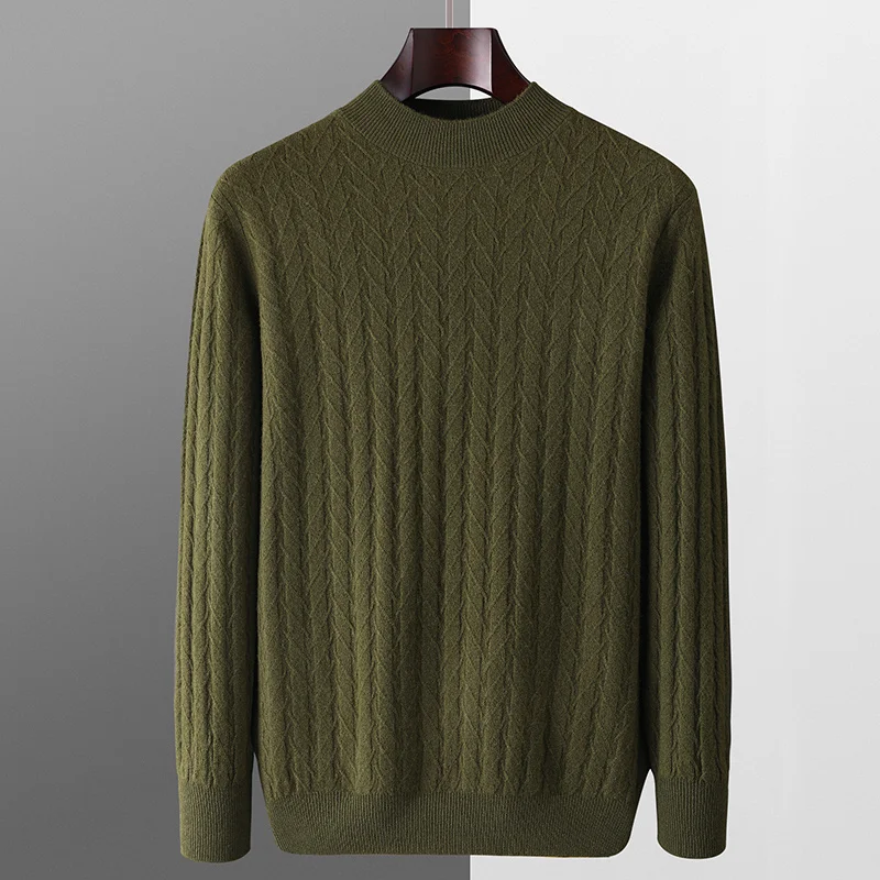 Pull en tricot jacquard à demi-col pour homme, 100% pure laine, pull grande taille, veste sauvage ample décontractée, nouvelle base chaude, automne et hiver