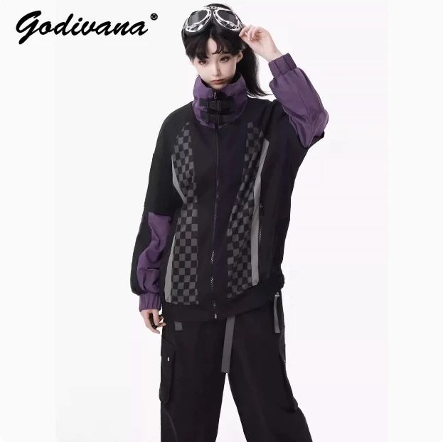 Functional Design Purple and Black Plaid Splicing Zipper Jacket Cargo Pants Autumn and Winter Sweet Cool Women\'s Trousers Set