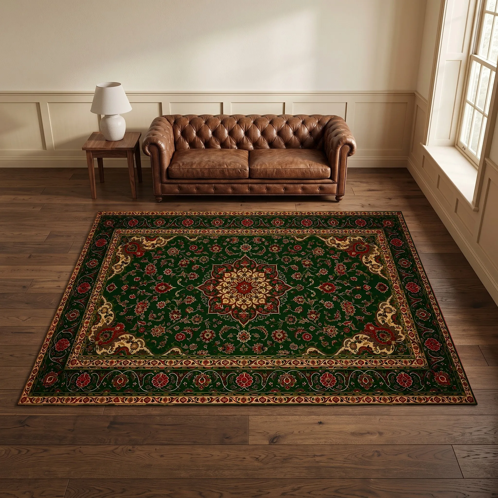 Dark Green Symmetrical Mandala Floral Vintage Persian Christmas New Year Velvet Rug for Living Room and Bedroom, Warm Winter