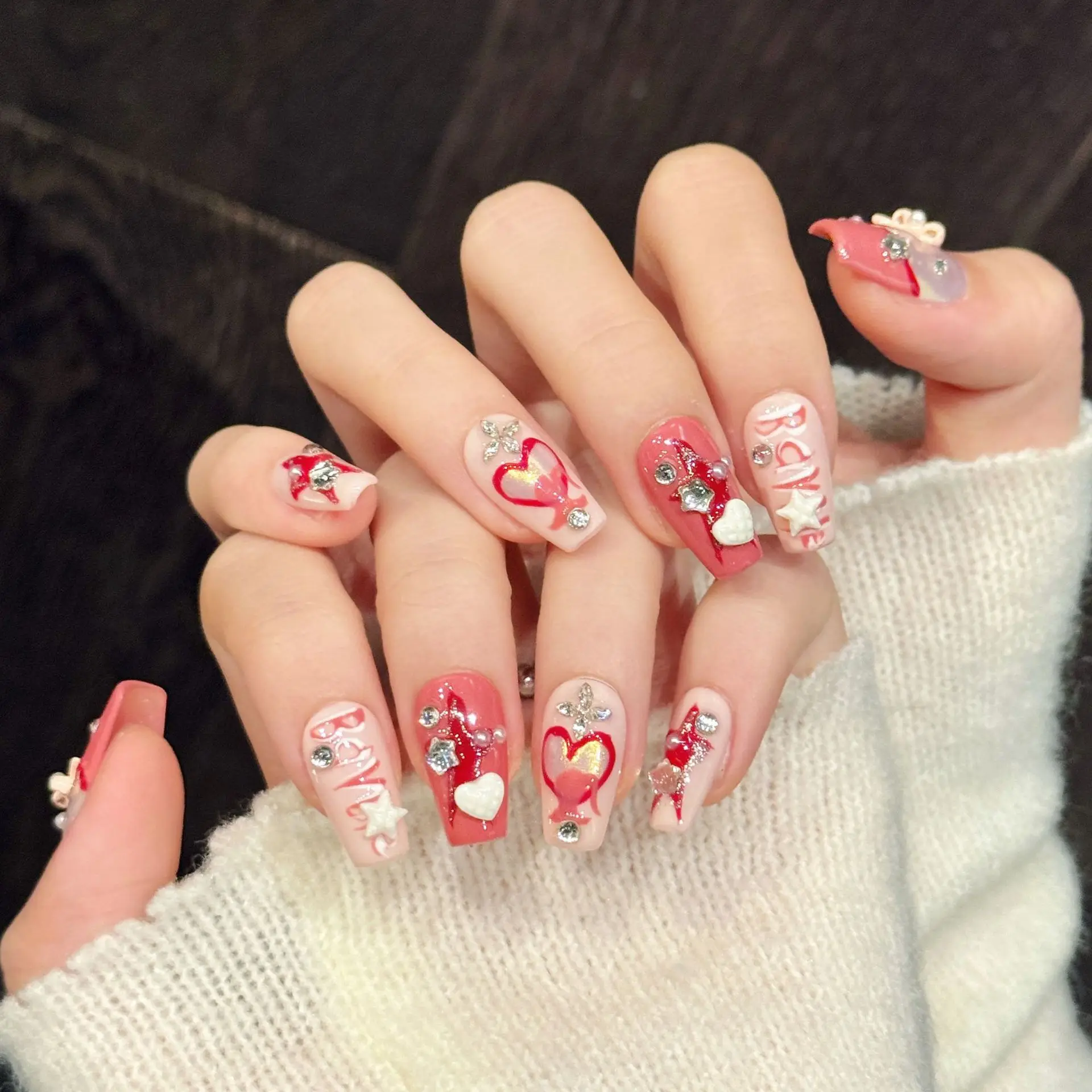 10 pçs feito à mão imprensa curta em unhas doce legal rosa estrela francesa arco strass design y2k unhas falsas wearable arte do prego spice girl