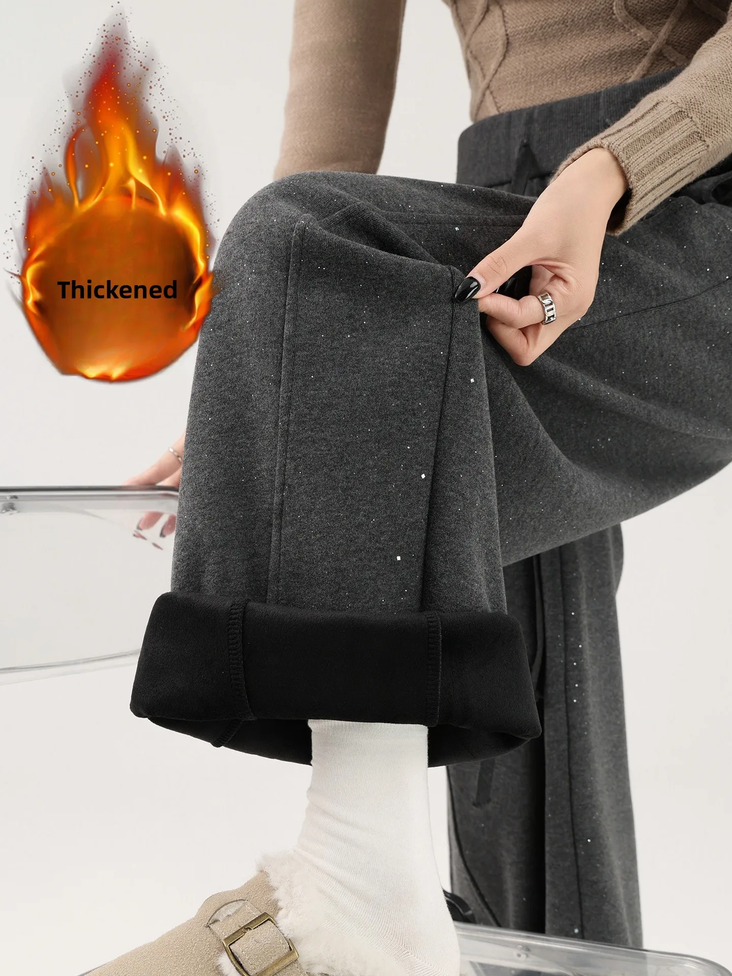 Ay iny lantejoulas fce forrado camere calças de perna larga mulheres inverno thi cintura alta drape solto casual faca calças