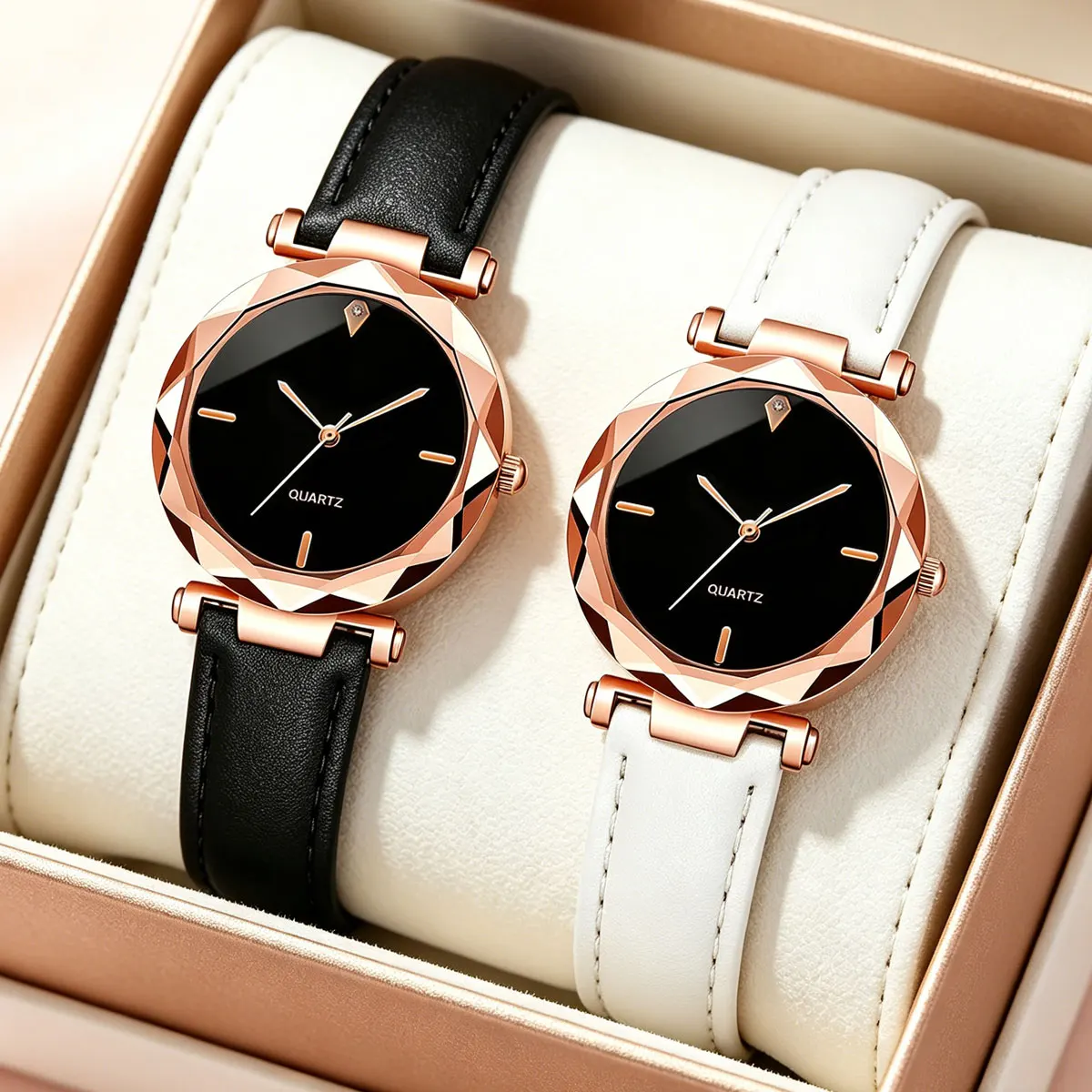 Korean Style 2-Piece Set Fashion Minimalist Watch with Diamond Accents for Women College Style Versatile Quartz Wristwatch