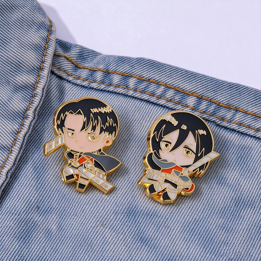 2Pcs/Set Anime Attack Titan Enamel Brooch Levi Ackerman Mikasa Metal Badge Lapel Backpack Pin Clothing Jewelry Gifts