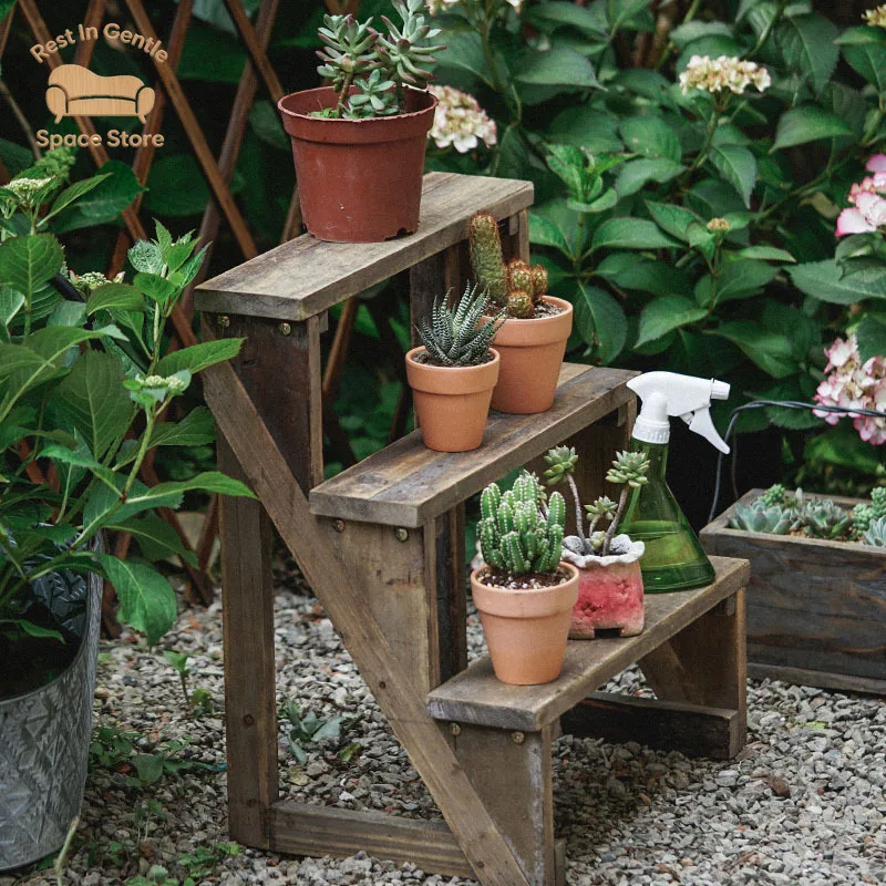 wood retro floor  stand, garden  shop three-layer small flower stand, trapezoidal storage indoor
