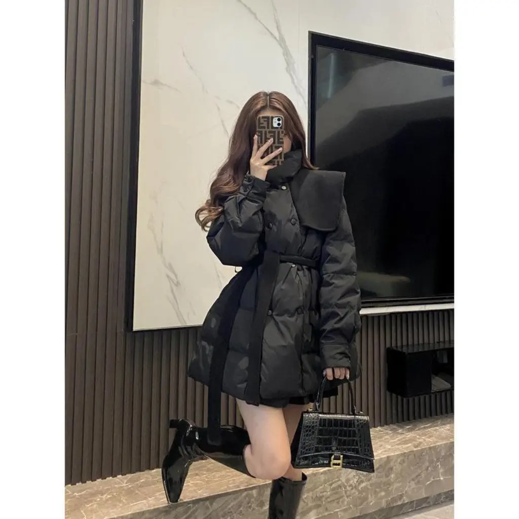 

Women's Winter Black Cotton Coat Korean Design Lightweight Medium Long Bread Suit Top Trendy Female Outerwear