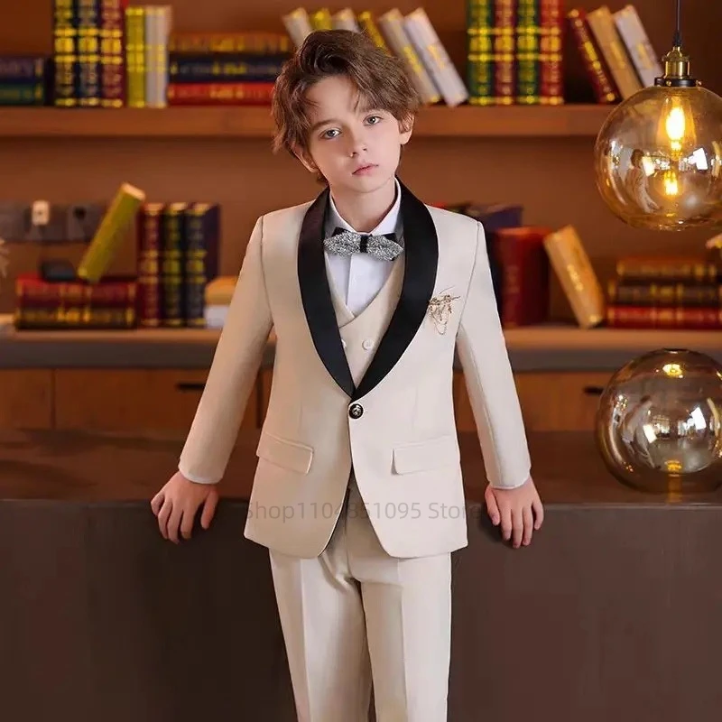 

Elegant Beige Children Formal Wedding Suit Kids Shawl Lapel Jacket Pants Vest Photography Dress Flower Boy Birthday Tuxedo Suits