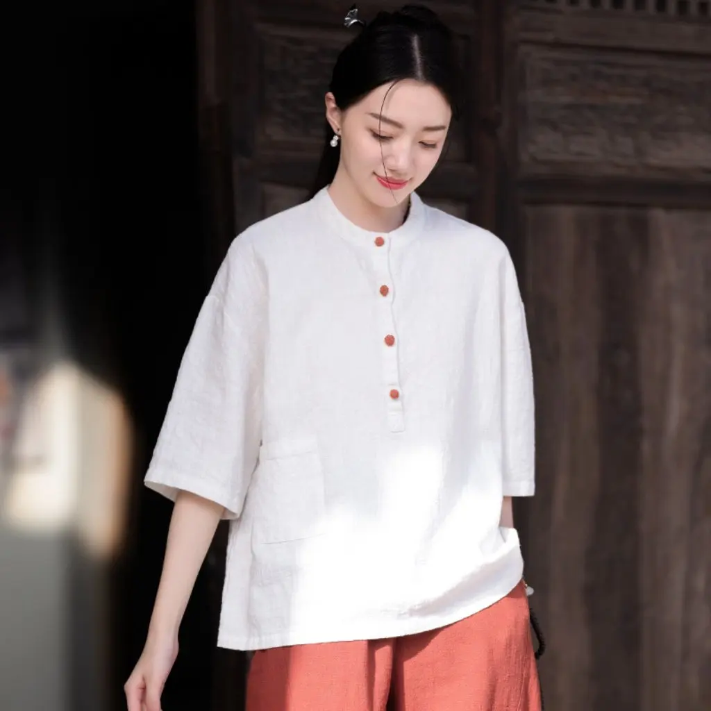 

Women's Summer Cotton Linen T-Shirt Retro Buddha Style Zen Practice Pullover Top Sand Wash Ramie Casual Wear