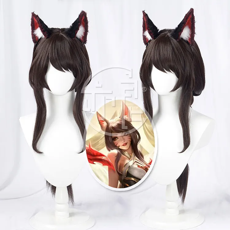 Anime subiu lenda ahri cosplay peruca halloween carnaval festa adereços cabelo sintético fibra resistente ao calor + peruca boné