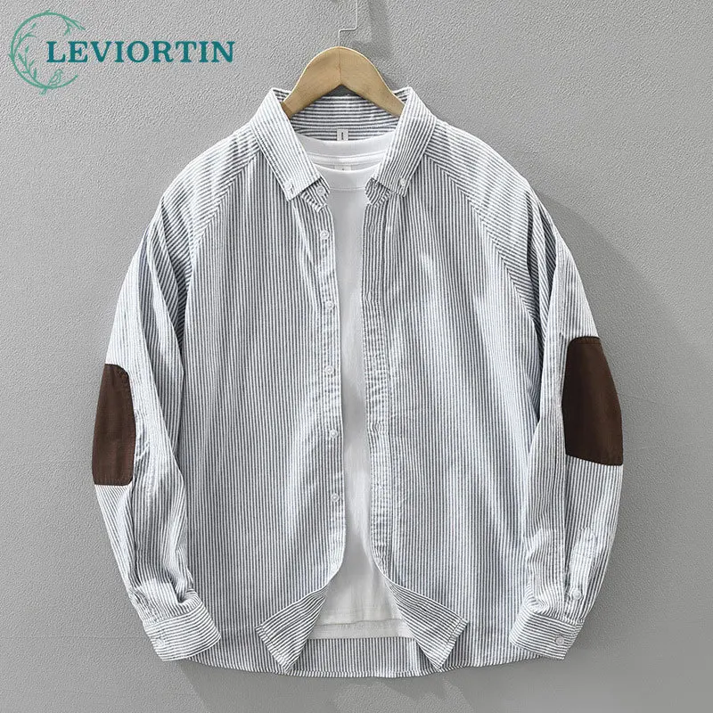 Spring and Autumn Men's Fashion Versatile Artistic Casual Loose Top Japanese Fresh Stripe Color blocked Long sleeved Shirt