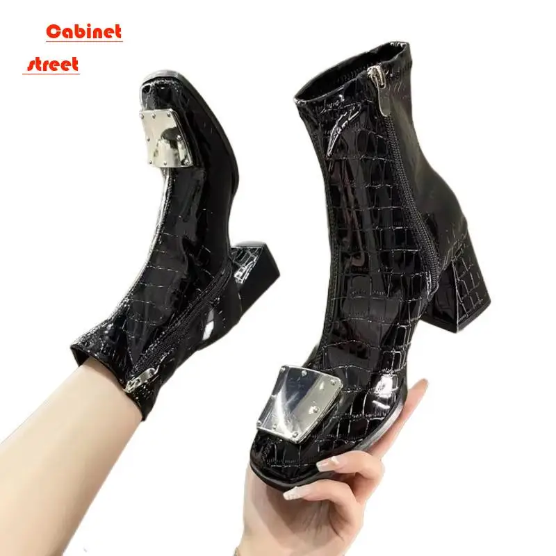 

New Autumn Winter Women Snow Boots Metallic Square Patent Leather Thick Heel Women's Side Zipper High Heel Fashion Ankle