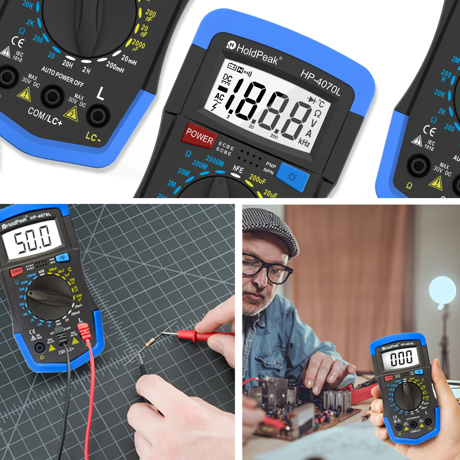 HP Digital LCR Meter Capacitance Inductance Resistance Tester 2000 Counts Transistor HFE Test Manual Range Handheld Multimeter
