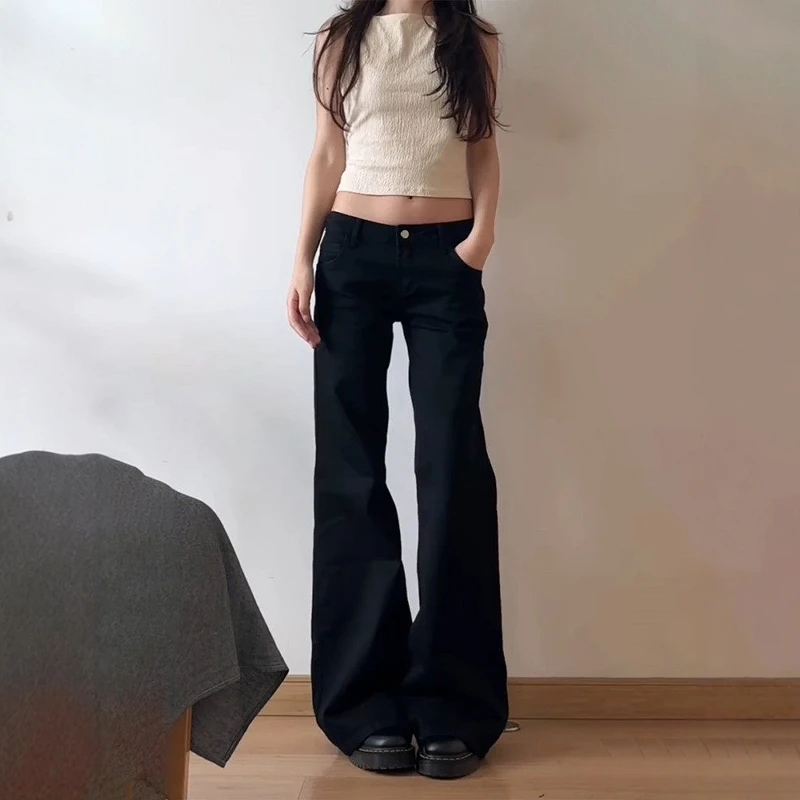 Retro American Black Spicy Girl Wide Leg Micro Flared Denim Jeans Women's Small Size Spring Autumn Loose Slimming Floor-Lengt...