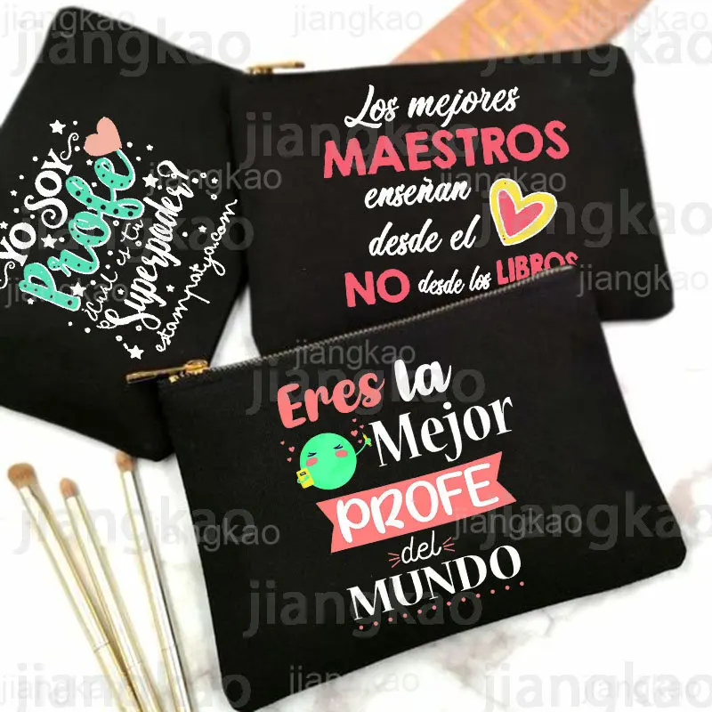 Best Teacher In The Word Spanish Print Pencil Bag School Stationery Supplies Storage Bags Travel Makeup Bag Toiletry Pouch Gifts