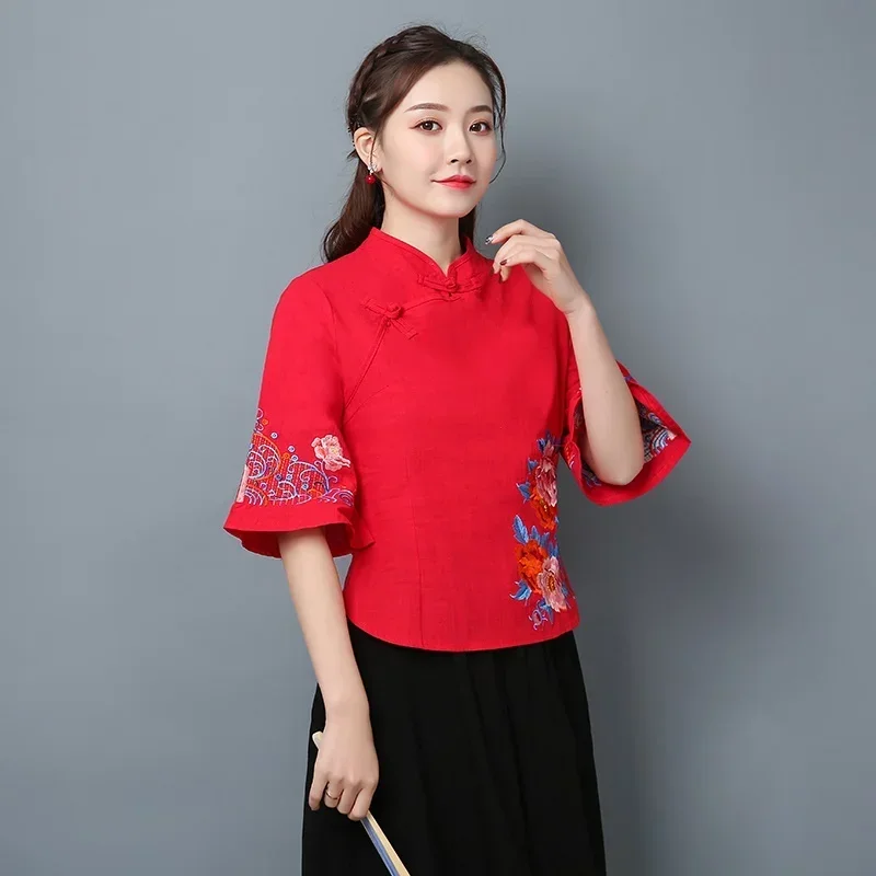 

Retro Chinese Women Blouse Traditional Vintage Oblique Shirt Zen Summer Cotton Tang Suit Mandarin Collar Cheongsam Top V2779