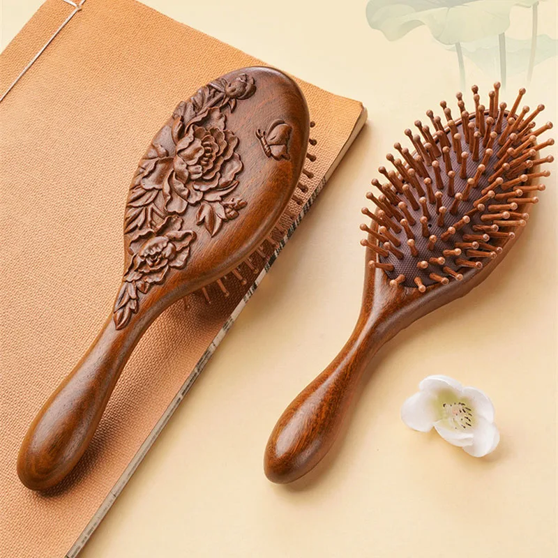 

Natural Sandalwood Air Cushion Hair Comb Chinese Peony Carved Soft Bristle Scalp Massage Combs Anti-static Hair Styling Combs
