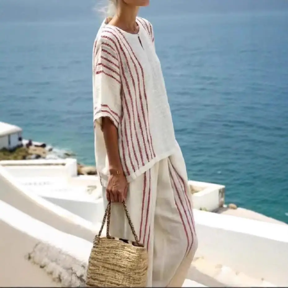 طقم بلوزات وسراويل نسائية كاجوال من القطن والكتان طقم ملابس صيفي مخطط فضفاض مناسب مكون من قطعتين #3