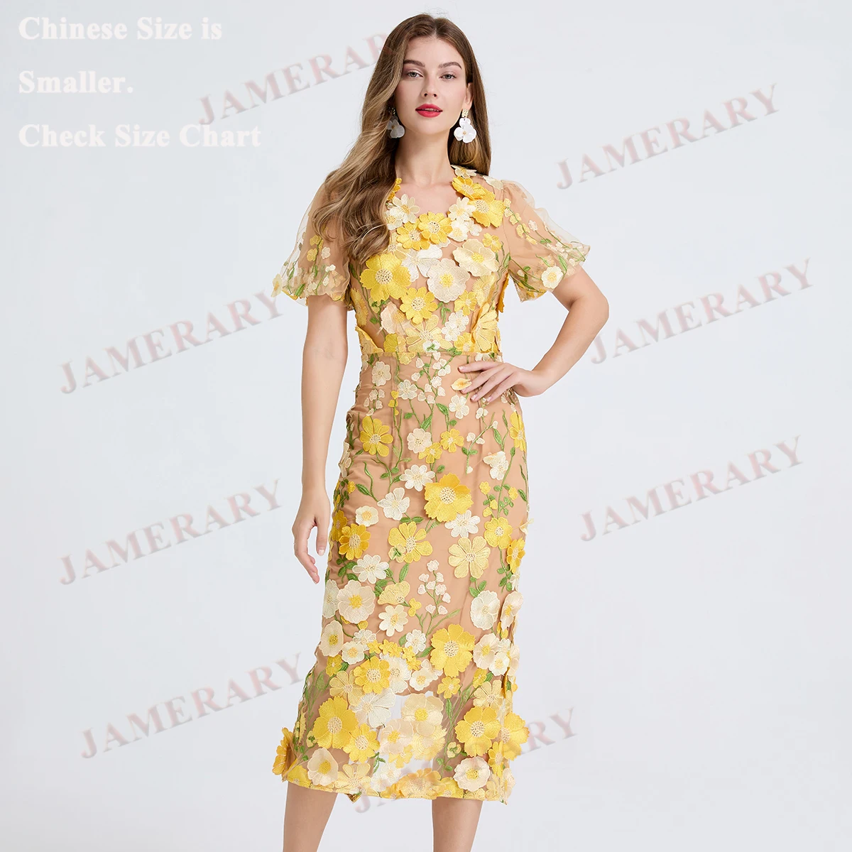 

Embroidery 3D Summer Pencil Lace Long Dress Women Elegant Puff Short Sleeve V-Neck Formal Luxury Dresses Evening Wedding Vestido