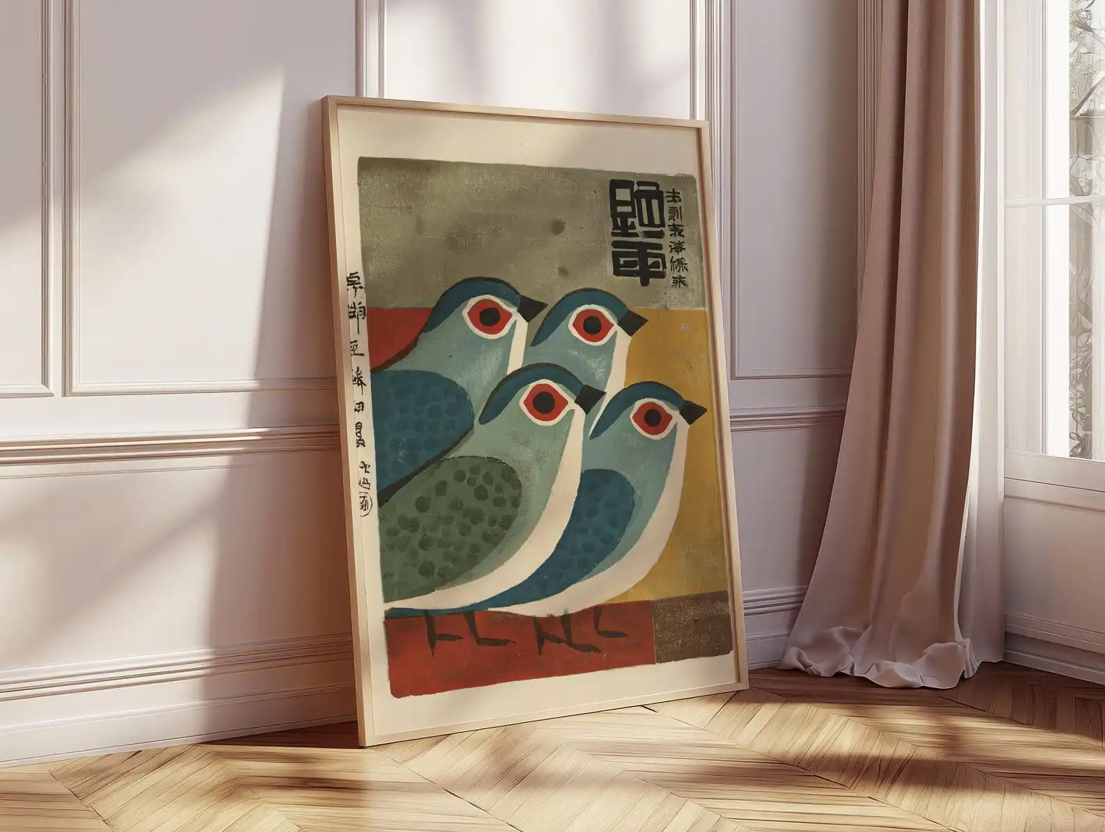 Japanese Abstract Birds Art Canvas Print Frameless Retro Blue Bird Poster, Minimalist Animal Illustration for Vintage Wall Decor