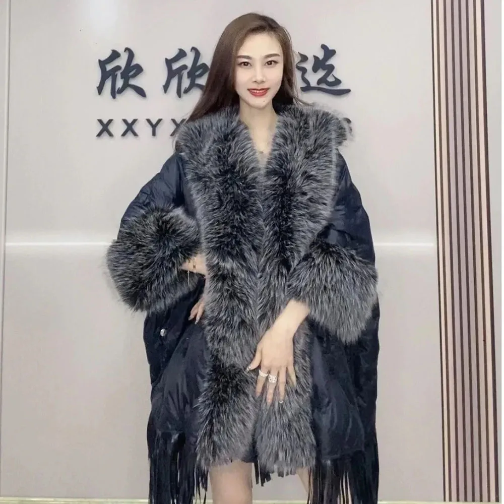 2023 Winter Warm Women\'s Poncho Jacket Temperament Tassel Shawl Warm Down Coat Cloak Fashion New Faux Rabbit Fur Cape Overcoats