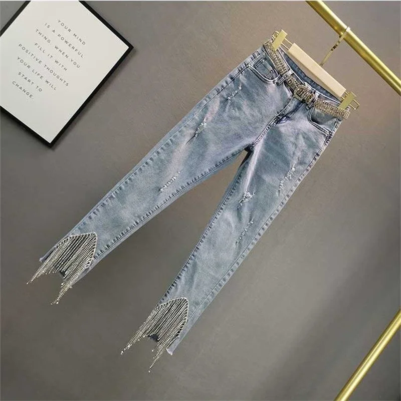 Imagem -03 - Jeans de Cintura Alta Feminina Versão Coreana Roupas de Verão Finas Franjadas de Diamantes Moda Feminina Calças de Nove Pontos Novo 2024