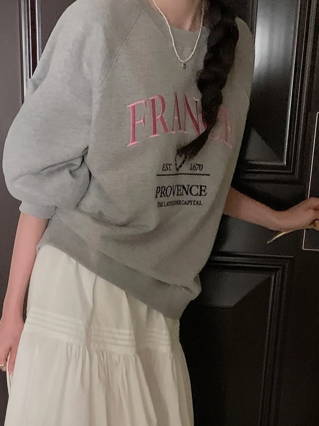 Chique redondo ne longo sve bordado carta coração padrão solto ajuste moletom para mulher sli outono nova chegada