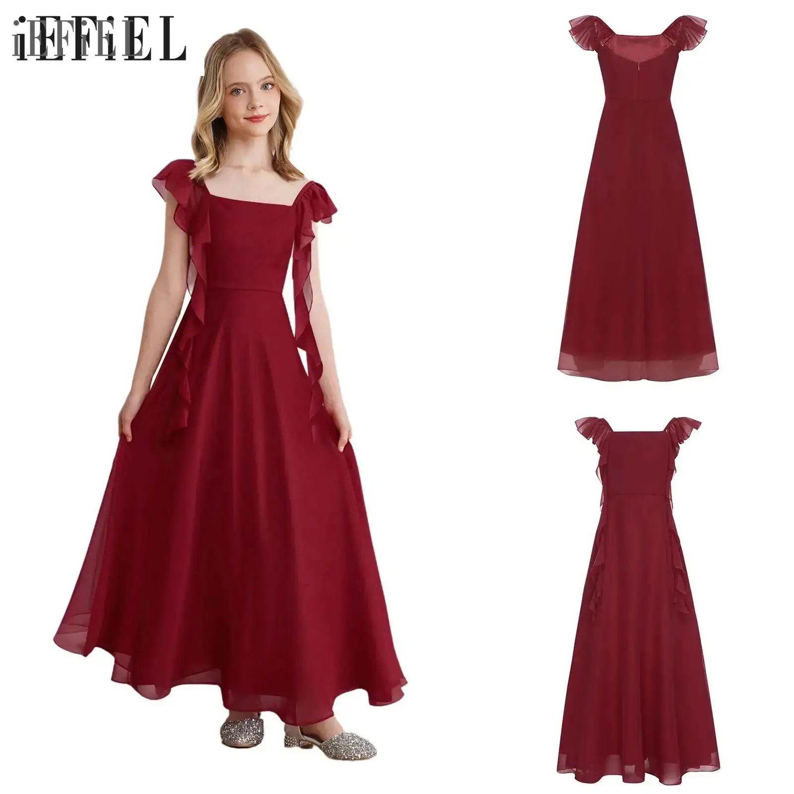 

Детское платье подружки невесты с цветочным узором для девочек, шифоновые летние платья с рюшами на бретельках и квадратным вырезом для свадьбы, официального выпускного вечера для первого причастия