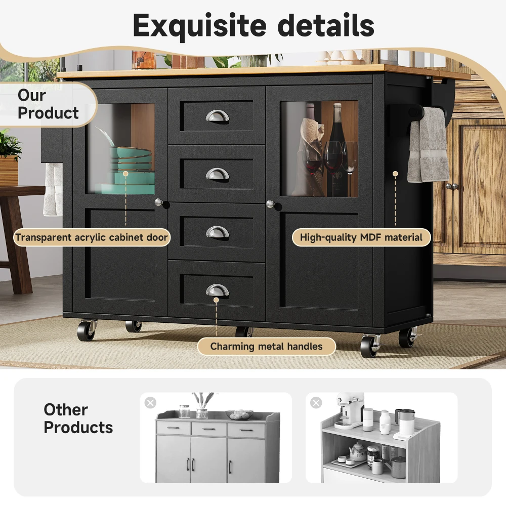 Kücheninsel، 54-Zoll-Sideboard، ausziehbarer Küchenwagen mit Handtuchhalter، Gewürzregal، dva Türen، four Schubladed، schwarz
