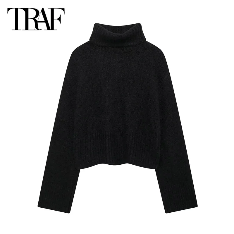 TRAF Cropped Sweater Pullovers 2024 Women\'s Autumn Long Sleeve Knitted Top Winter Turtleneck Green Black Short Knitwear Top