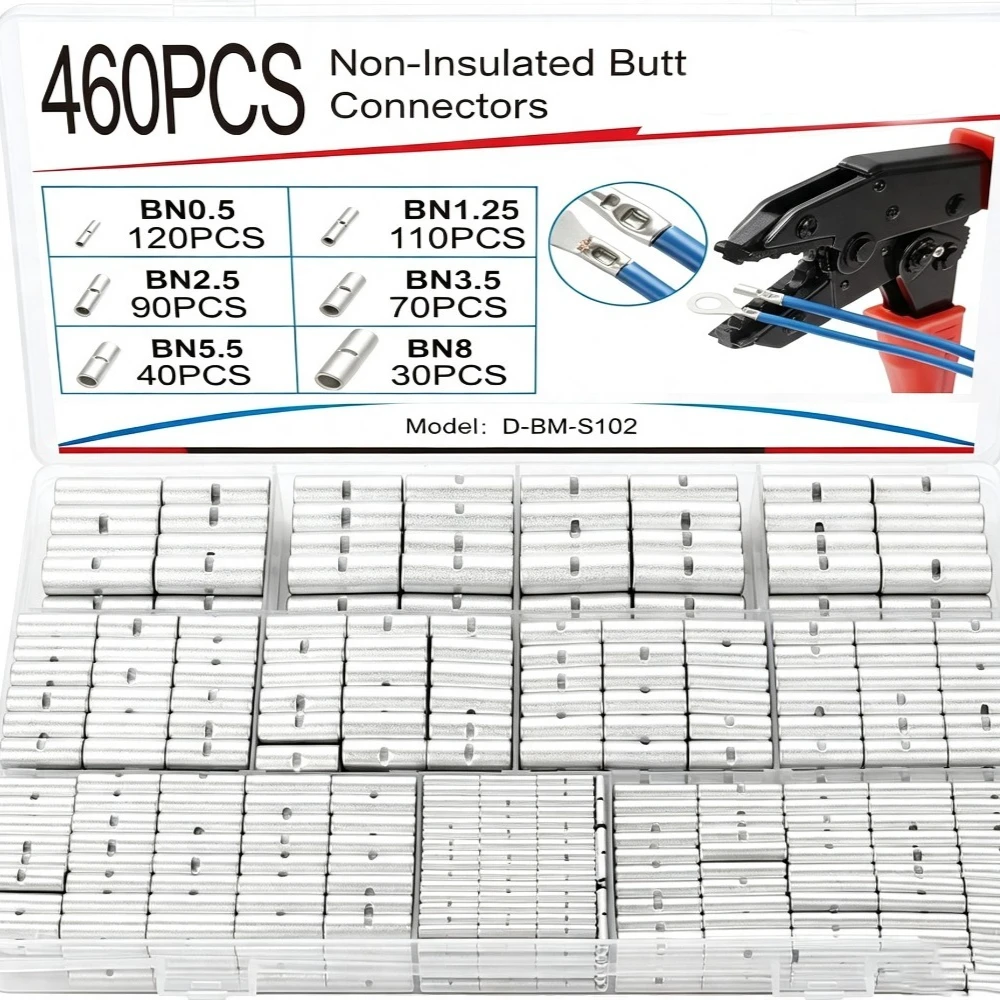 460PCS Non Insulated Butt Connector Kit Brass BN Bare Butt Splice Terminals Uninsulated Wire Connectors for Cable Connections