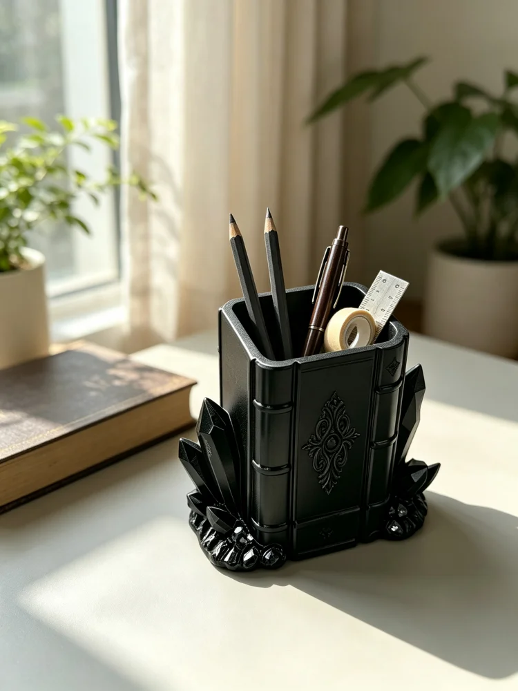 Pen Storage Container, Dark Gothic Style Magic Book Pen Holder, Crystal Cluster Base with Vintage Relief Three-Dimensional Engraving, Petg Material Office Storage Container, Multifunctional Desktop Storage Box, Storage for Pencils, Pens, Rulers, Scissors, Makeup Brushes, Desktop Decoration for Desk, Study Room, Dressing Table, Creative and Personalized Gift, Halloween Gift, Student and Office Gift