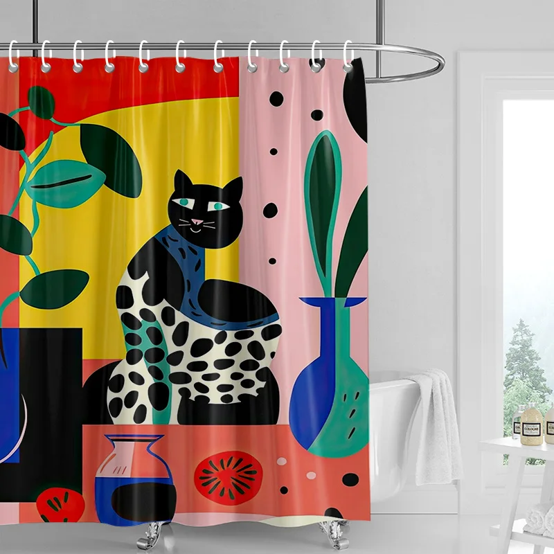 Abstract Art Cat Theme Shower Curtain 180x 200cm Waterproof Mildew-proof Bathroom Curtain Bathroom Ins Wind Decorative Curtain