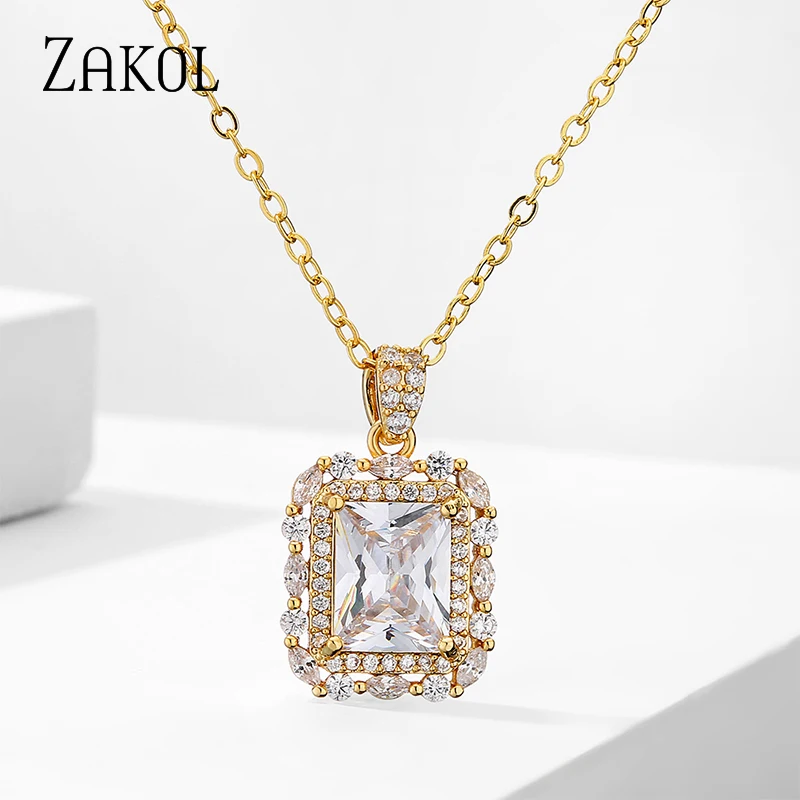 ZAKOL Simple Shiny AAA Cubic Zirconia Rectangle Pendant Necklaces Glamour Bridal Wedding Chain Necklace Fashion Jewelry NP1018