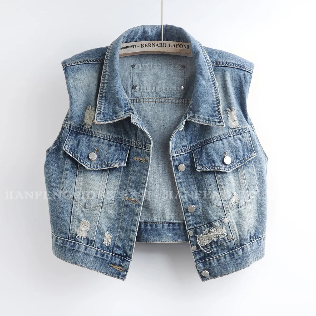 Autumn Women Vintage Washed Blue Frayed Burrs Hole Denim Vest Casual Lapel Single-Breasted Sleeveless Female Cowboy Waistcoat