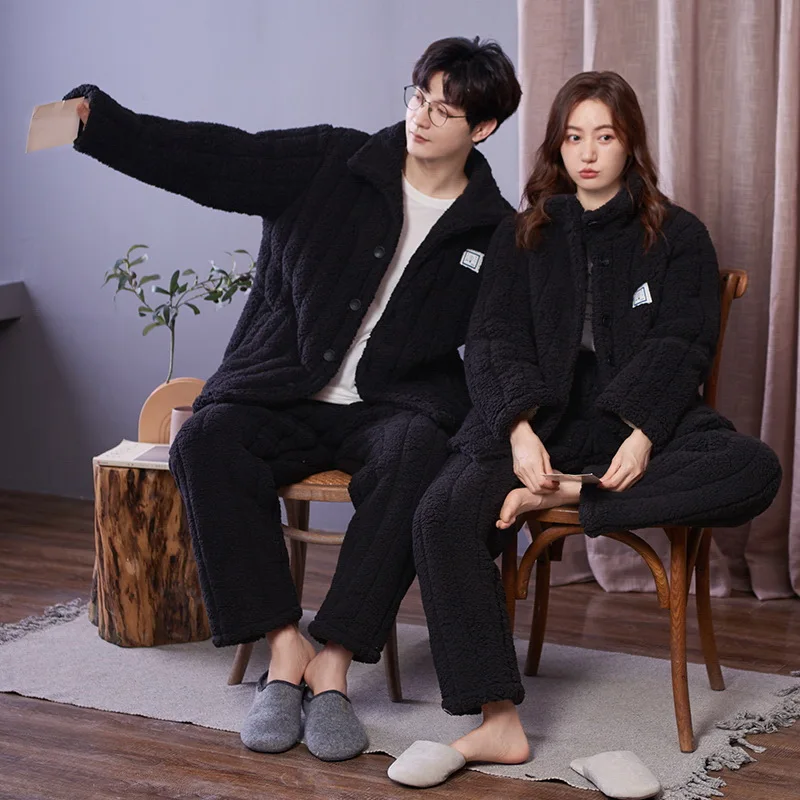 Three-Layers Thicken Coral Fleece Homewear Couple Cardigan Winter Flannel Pajamas Women and Men's Home Suit Warm Sleepwear