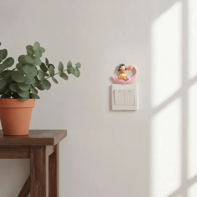 (Adorable Light Switch Decoration Resin Girl Panda Figurine Self-Adhesive Detachable Wall Sticker Switch Ornament Home Decor)
