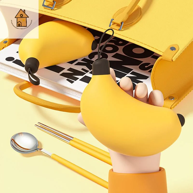 

304 Stainless Steel Chopsticks Spoon Kit Portable Folding Tableware Set Cute Banana Storage Box For Travel Office Students Gift