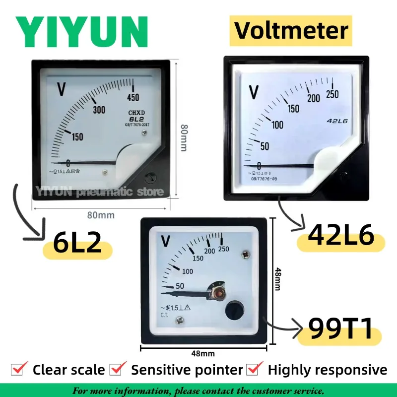 1PC 6L2 42L6 99T1 Series AC Analog Voltmeter Panel Voltage Meter Meters 250V 450V 500V for Industrial Electrical Measurement