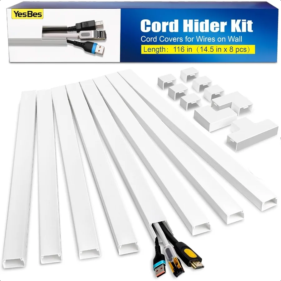 

116in Cord Hider Kit Cord Covers for Wires on Wall Paintable Cable Raceway Cord Hider for Wall Mount tv tv Cable Hider Wall kit