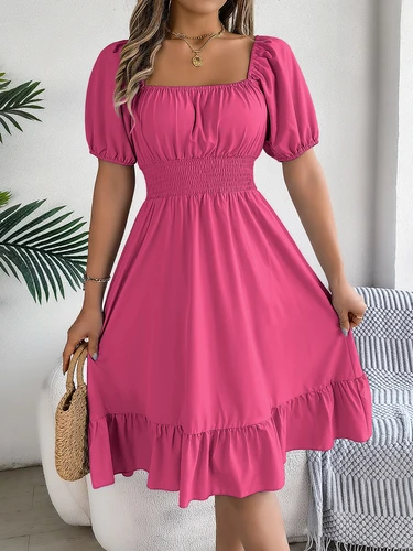 Imagen 1 del producto Vestido elegante de cintura alta para primavera y verano, vestidos largos con borde con volantes y manga corta con cuello cuadrado para mujer