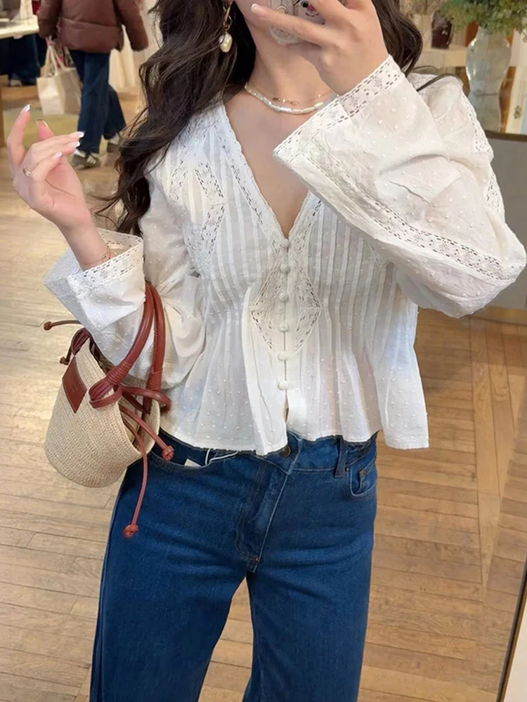 

Summer 2026 Women's Shirt V-neck Embroidered Lace Pleated Hollow out Button Detail Floral Pattern Long Sleeve Cotton Blend