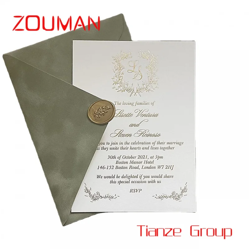 Benutzer definierte geprägte Gold Silber Folie Papier Hochzeit Einladung karte mit Salbei grünen Umschlag benutzer definierte Low Moq Buchdruck Hochzeit in