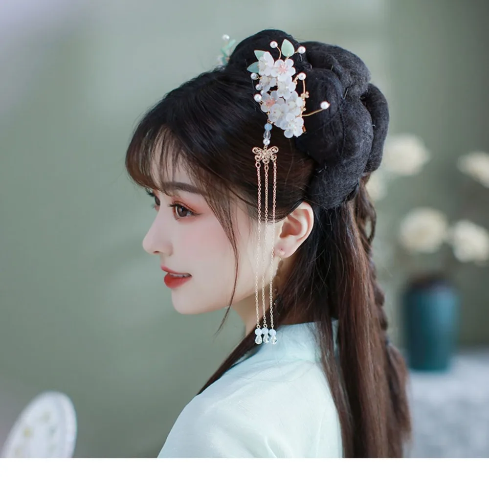 Classical Flower Chinese Style Hairpin Set Pearls Tassel Hanfu Hair Stick Earrings for Buns Butterfly Hair Comb Hairstyle Tool