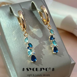 SYOUJYO New 585 Rose Golden Earrings For Women Luxury Blue Natural Zircon Leaf Long Dangle Earrings Wedding Jewelry